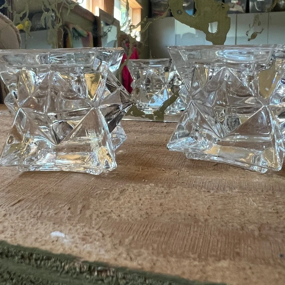 Vintage Geometric Starburst Crystal Style Candle Holder Pair 70s Space Age Decor